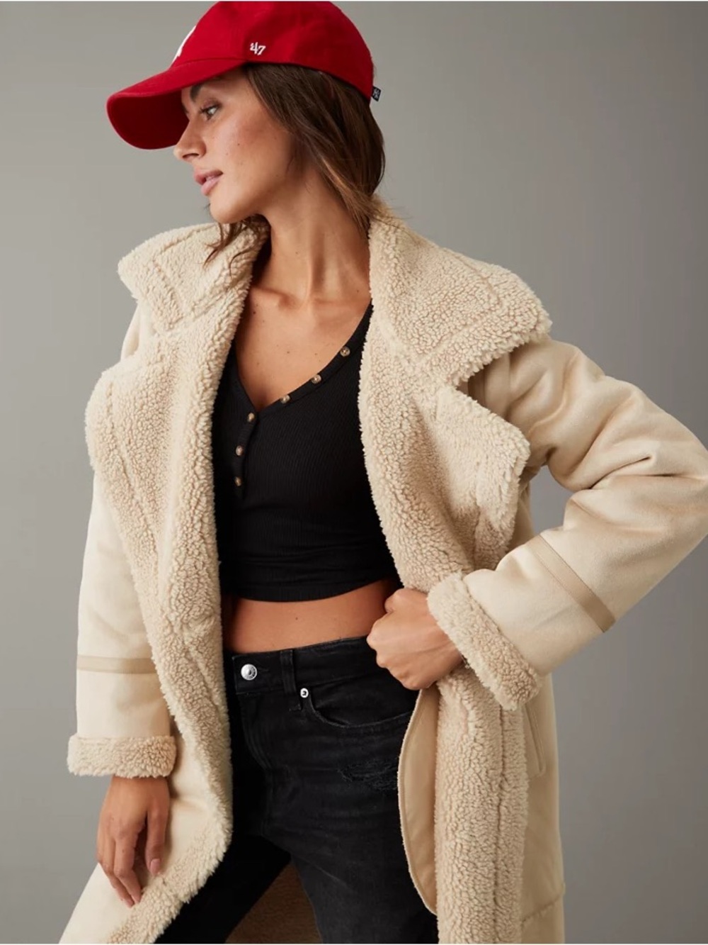 American Eagle Vegan Shearling Coat in Sand